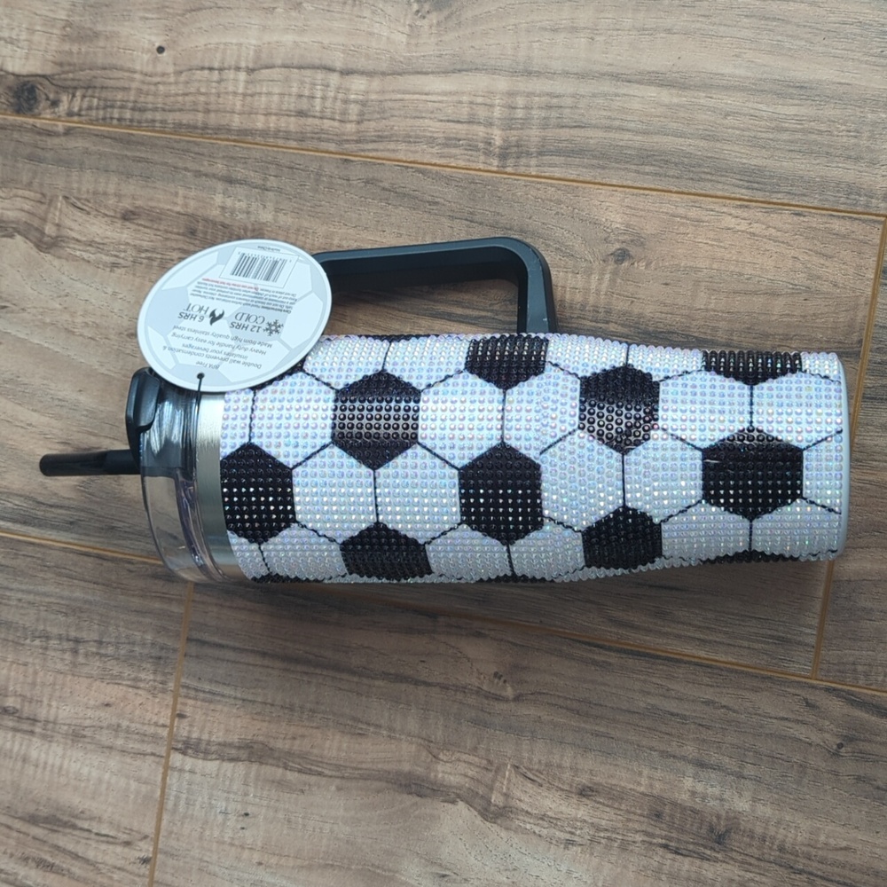 NWT. Bedazzled Soccer Theme Stainless Steel 40oz Tumbler.